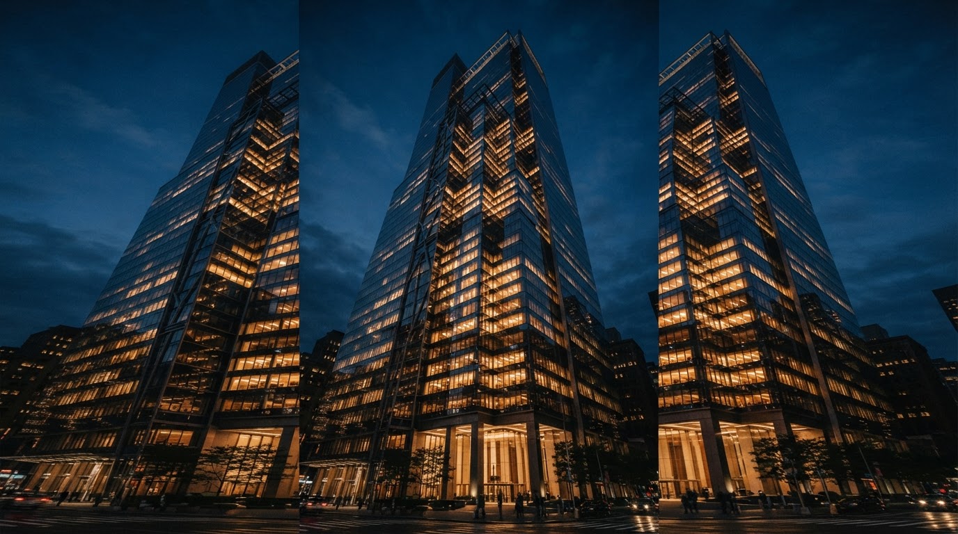 MR Group headquarters tower at dusk